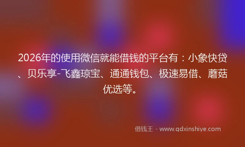 2026年的使用微信就能借钱的平台有：小象快贷、贝乐享-飞鑫琼宝、通通钱包、极速易借、蘑菇优选等。