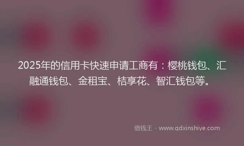 2025年的信用卡快速申请工商有:樱桃钱包、汇融通钱包、金租宝、桔享花、智汇钱包等。