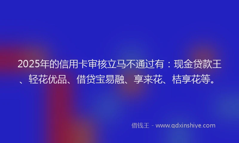 2025年的信用卡审核立马不通过有:现金贷款王、轻花优品、借贷宝易融、享来花、桔享花等。