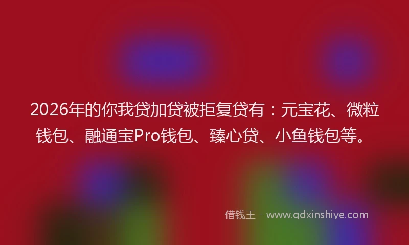 2026年的你我贷加贷被拒复贷有：元宝花、微粒钱包、融通宝Pro钱包、臻心贷、小鱼钱包等。