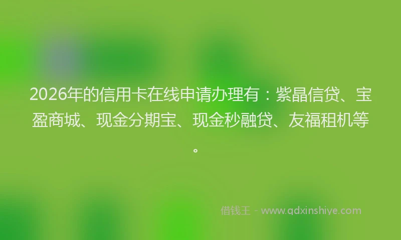 2026年的信用卡在线申请办理有:紫晶信贷、宝盈商城、现金分期宝、现金秒融贷、友福租机等。