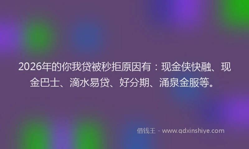 2026年的你我贷被秒拒原因有：现金侠快融、现金巴士、滴水易贷、好分期、涌泉金服等。
