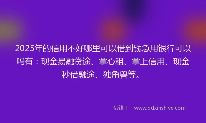 2025年的信用不好哪里可以借到钱急用银行可以吗有：现金易融贷途、掌心租、掌上信用、现金秒借融途、独角兽等。