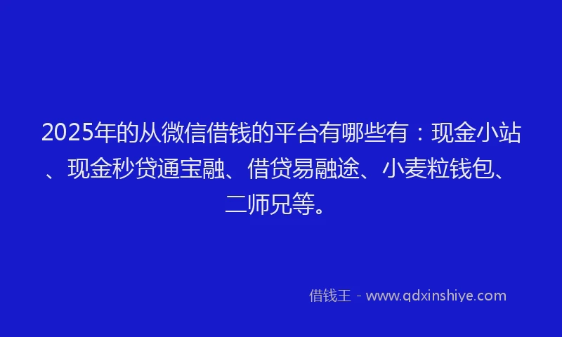 2025年的从微信借钱的平台有哪些有:现金小站、现金秒贷通宝融、借贷易融途、小麦粒钱包、二师兄等。