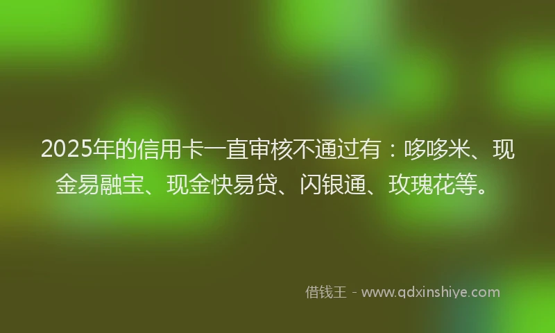 2025年的信用卡一直审核不通过有：哆哆米、现金易融宝、现金快易贷、闪银通、玫瑰花等。
