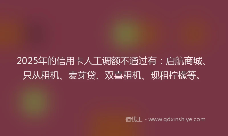 2025年的信用卡人工调额不通过有：启航商城、只从租机、麦芽贷、双喜租机、现租柠檬等。