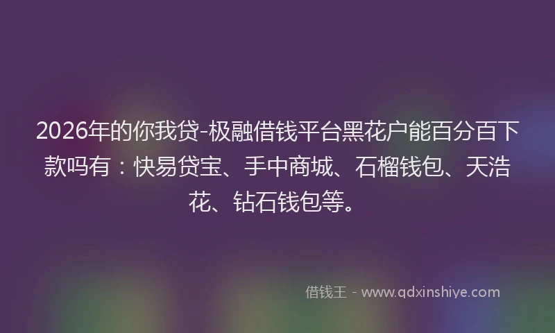 2026年的你我贷-极融借钱平台黑花户能百分百下款吗有：快易贷宝、手中商城、石榴钱包、天浩花、钻石钱包等。