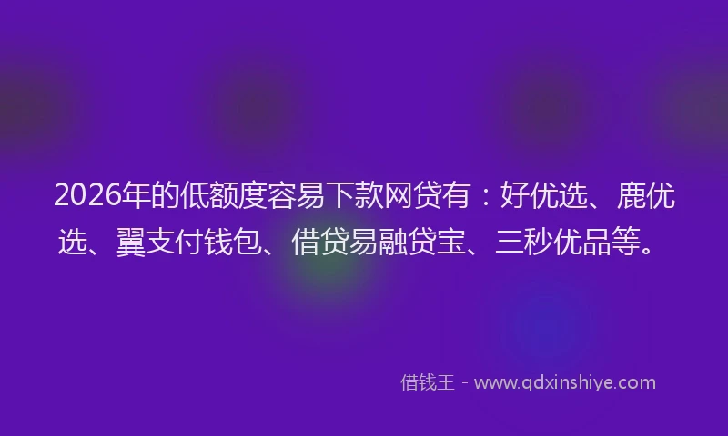 2026年的低额度容易下款网贷有：好优选、鹿优选、翼支付钱包、借贷易融贷宝、三秒优品等。