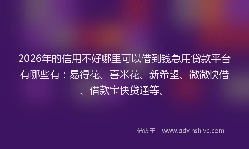 2026年的信用不好哪里可以借到钱急用贷款平台有哪些有：易得花、喜米花、新希望、微微快借、借款宝快贷通等。