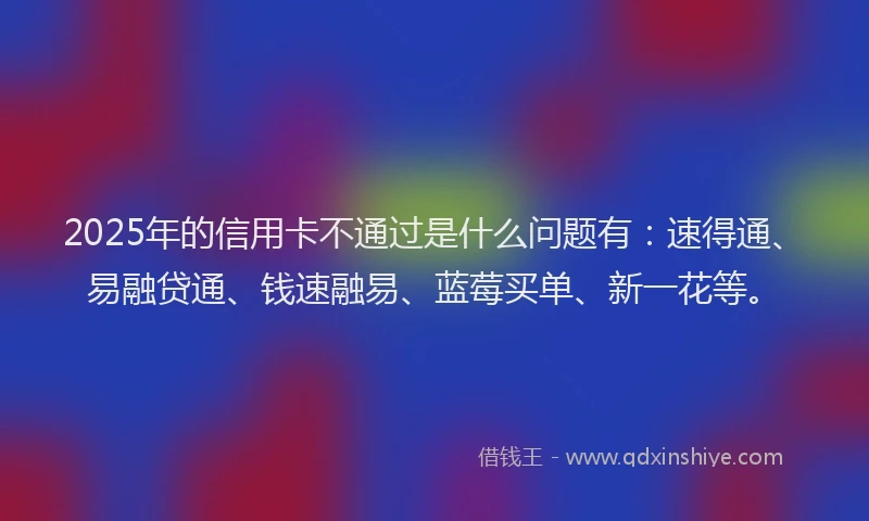 2025年的信用卡不通过是什么问题有：速得通、易融贷通、钱速融易、蓝莓买单、新一花等。