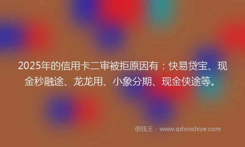 2025年的信用卡二审被拒原因有:快易贷宝、现金秒融途、龙龙用、小象分期、现金侠途等。