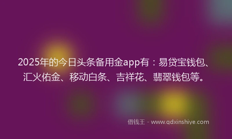2025年的今日头条备用金app有:易贷宝钱包、汇火佑金、移动白条、吉祥花、翡翠钱包等。