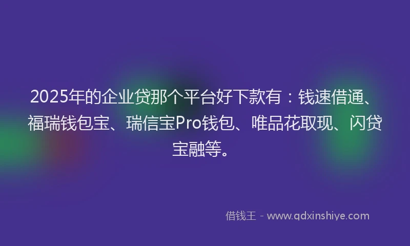 2025年的企业贷那个平台好下款有:钱速借通、福瑞钱包宝、瑞信宝Pro钱包、唯品花取现、闪贷宝融等。