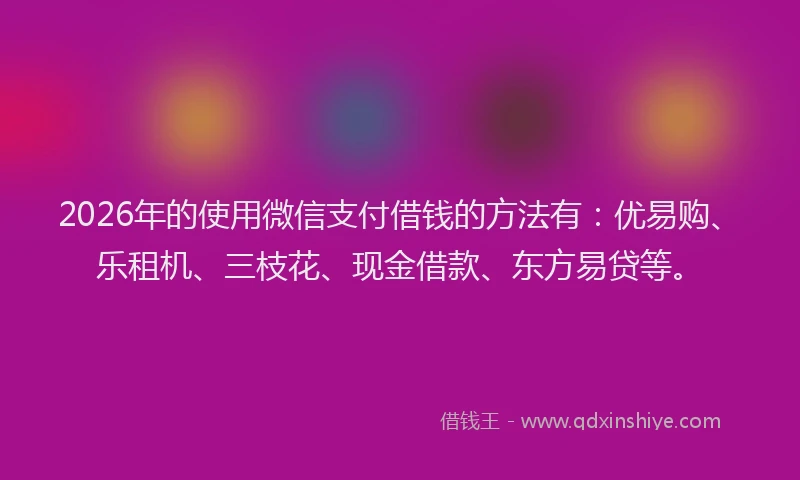 2026年的使用微信支付借钱的方法有:优易购、乐租机、三枝花、现金借款、东方易贷等。