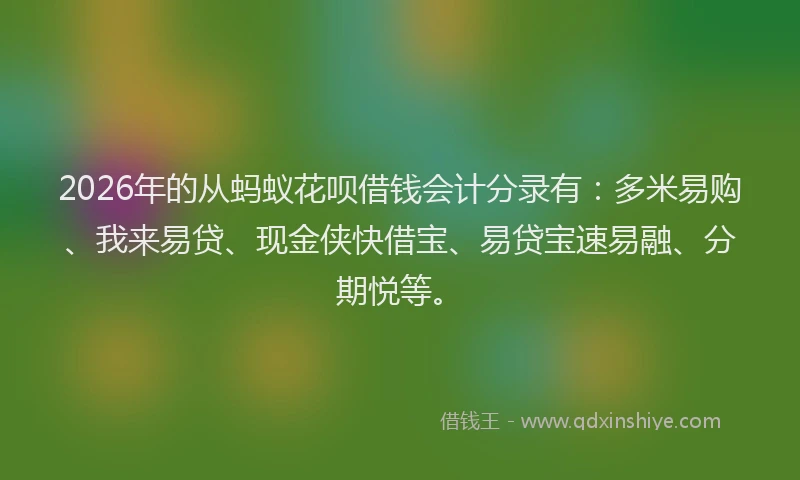 2026年的从蚂蚁花呗借钱会计分录有:多米易购、我来易贷、现金侠快借宝、易贷宝速易融、分期悦等。