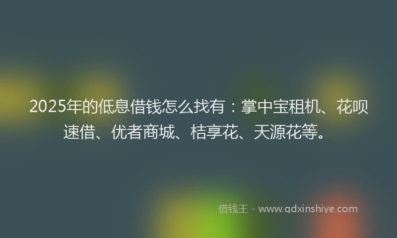 2025年的低息借钱怎么找有：掌中宝租机、花呗速借、优者商城、桔享花、天源花等。