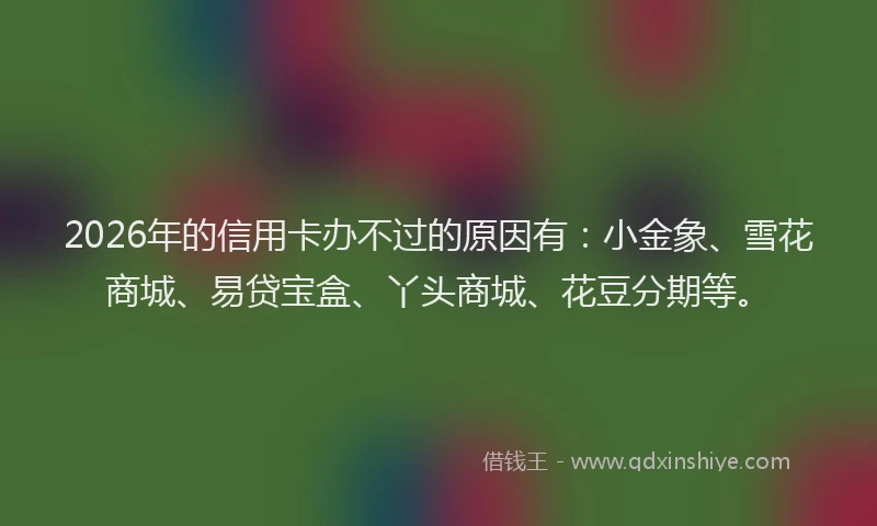 2026年的信用卡办不过的原因有：小金象、雪花商城、易贷宝盒、丫头商城、花豆分期等。