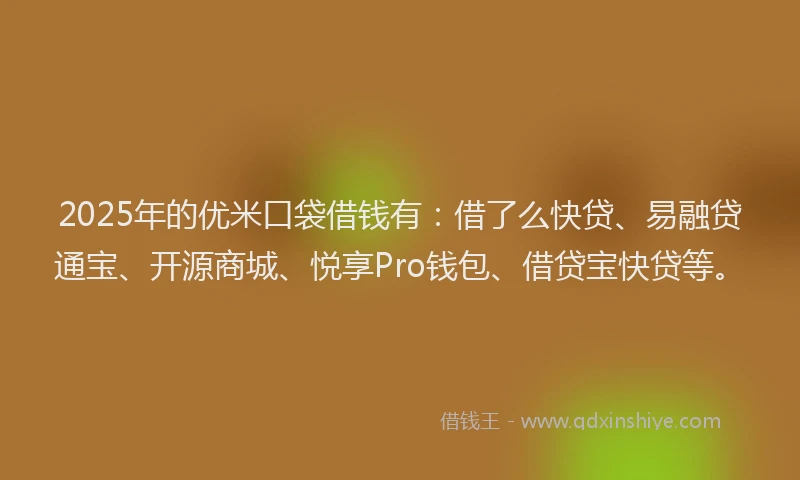 2025年的优米口袋借钱有：借了么快贷、易融贷通宝、开源商城、悦享Pro钱包、借贷宝快贷等。