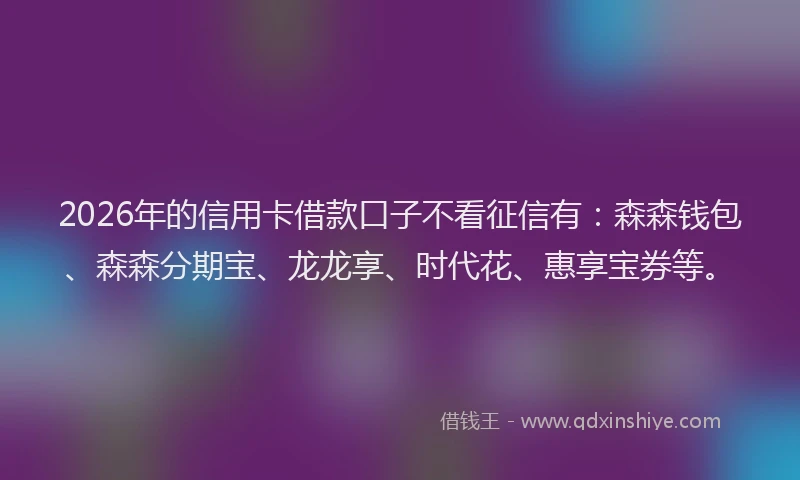 2026年的信用卡借款口子不看征信有：森森钱包、森森分期宝、龙龙享、时代花、惠享宝券等。