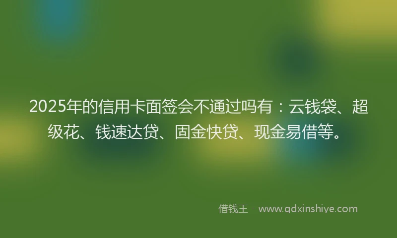 2025年的信用卡面签会不通过吗有:云钱袋、超级花、钱速达贷、固金快贷、现金易借等。