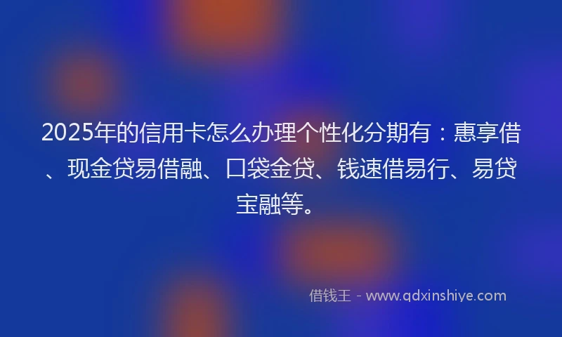 2025年的信用卡怎么办理个性化分期有：惠享借、现金贷易借融、口袋金贷、钱速借易行、易贷宝融等。