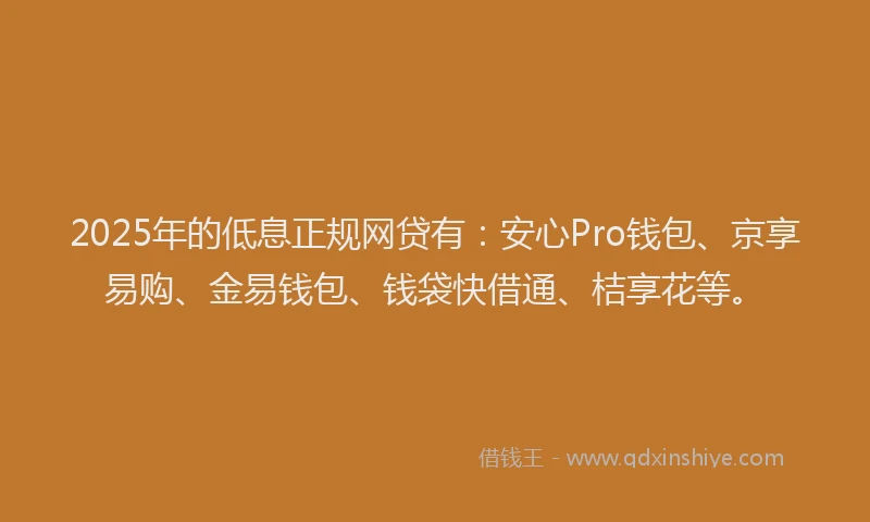 2025年的低息正规网贷有：安心Pro钱包、京享易购、金易钱包、钱袋快借通、桔享花等。