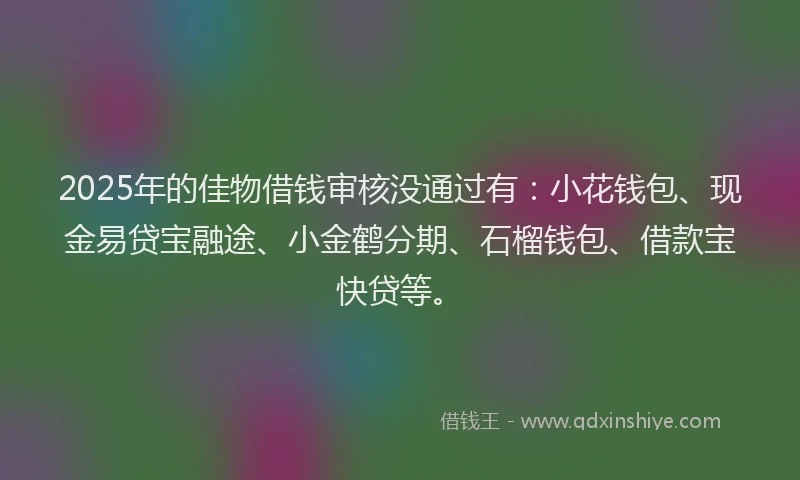2025年的佳物借钱审核没通过有:小花钱包、现金易贷宝融途、小金鹤分期、石榴钱包、借款宝快贷等。