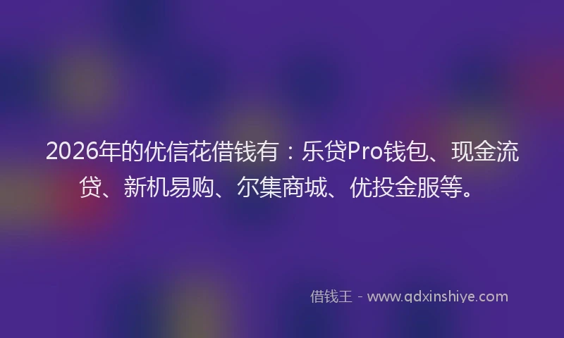 2026年的优信花借钱有：乐贷Pro钱包、现金流贷、新机易购、尔集商城、优投金服等。
