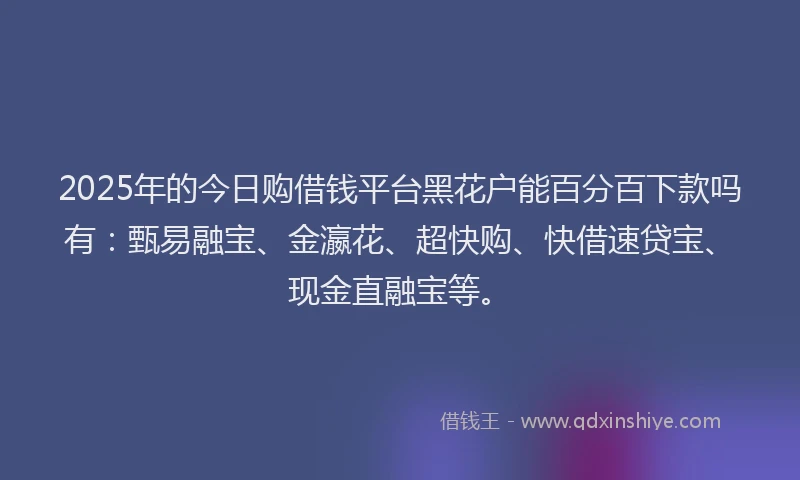 2025年的今日购借钱平台黑花户能百分百下款吗有：甄易融宝、金瀛花、超快购、快借速贷宝、现金直融宝等。
