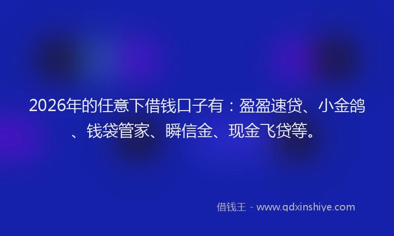 2026年的任意下借钱口子有：盈盈速贷、小金鸽、钱袋管家、瞬信金、现金飞贷等。
