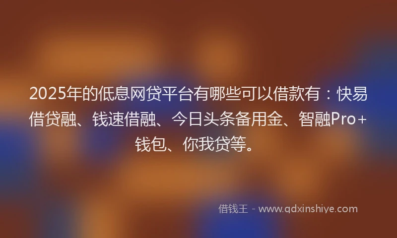 2025年的低息网贷平台有哪些可以借款有：快易借贷融、钱速借融、今日头条备用金、智融Pro+钱包、你我贷等。