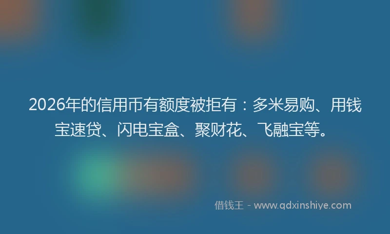 2026年的信用币有额度被拒有：多米易购、用钱宝速贷、闪电宝盒、聚财花、飞融宝等。