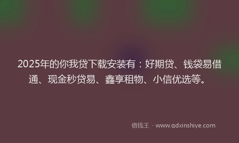 2025年的你我贷下载安装有：好期贷、钱袋易借通、现金秒贷易、鑫享租物、小信优选等。