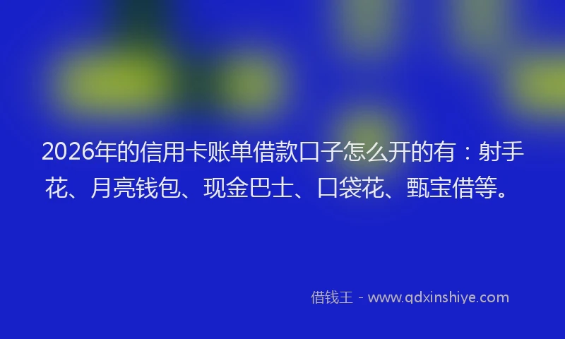 2026年的信用卡账单借款口子怎么开的有：射手花、月亮钱包、现金巴士、口袋花、甄宝借等。