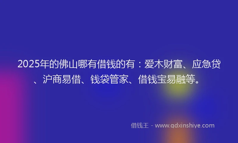 2025年的佛山哪有借钱的有:爱木财富、应急贷、沪商易借、钱袋管家、借钱宝易融等。