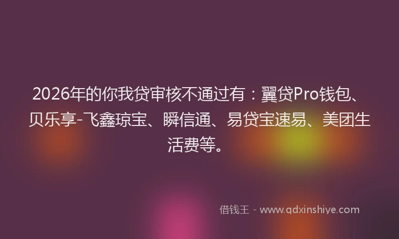 2026年的你我贷审核不通过有:翼贷Pro钱包、贝乐享-飞鑫琼宝、瞬信通、易贷宝速易、美团生活费等。