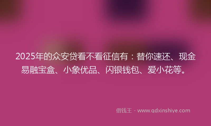 2025年的众安贷看不看征信有：替你速还、现金易融宝盒、小象优品、闪银钱包、爱小花等。