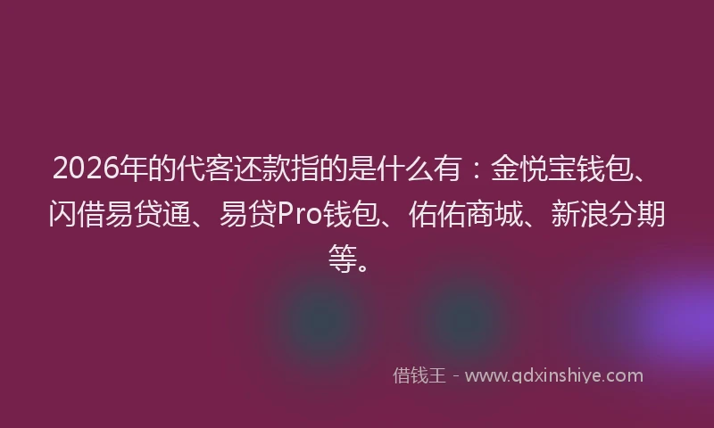 2026年的代客还款指的是什么有：金悦宝钱包、闪借易贷通、易贷Pro钱包、佑佑商城、新浪分期等。