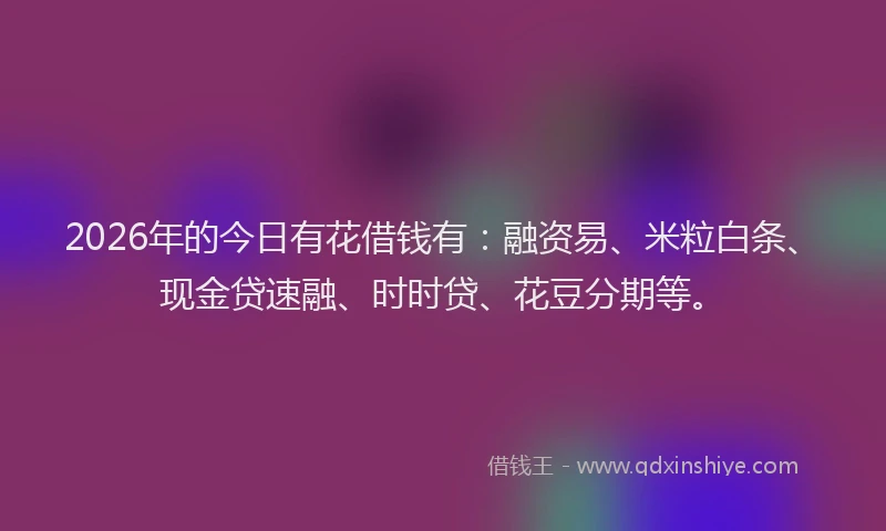 2026年的今日有花借钱有：融资易、米粒白条、现金贷速融、时时贷、花豆分期等。