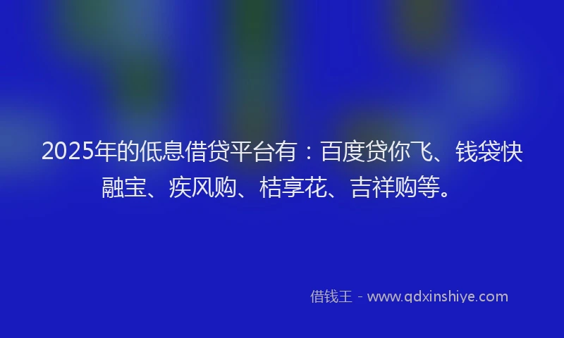 2025年的低息借贷平台有：百度贷你飞、钱袋快融宝、疾风购、桔享花、吉祥购等。