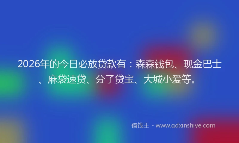 2026年的今日必放贷款有：森森钱包、现金巴士、麻袋速贷、分子贷宝、大城小爱等。
