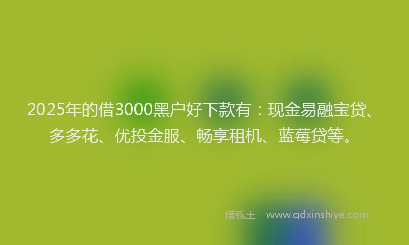 2025年的借3000黑户好下款有:现金易融宝贷、多多花、优投金服、畅享租机、蓝莓贷等。