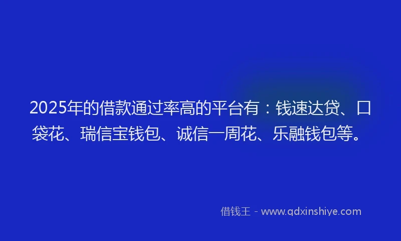 2025年的借款通过率高的平台有：钱速达贷、口袋花、瑞信宝钱包、诚信一周花、乐融钱包等。
