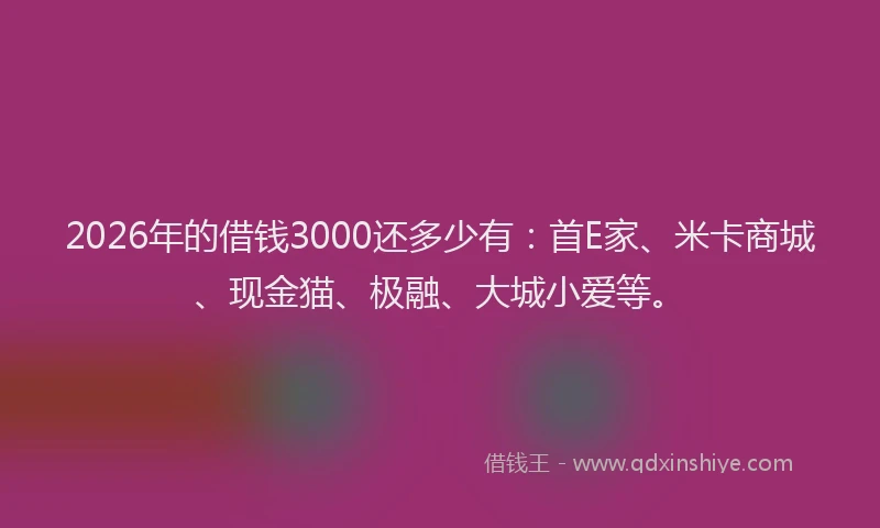 2026年的借钱3000还多少有：首E家、米卡商城、现金猫、极融、大城小爱等。