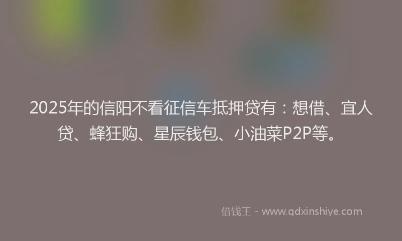 2025年的信阳不看征信车抵押贷有：想借、宜人贷、蜂狂购、星辰钱包、小油菜P2P等。