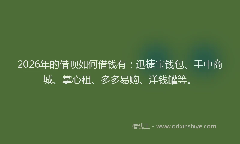 2026年的借呗如何借钱有:迅捷宝钱包、手中商城、掌心租、多多易购、洋钱罐等。