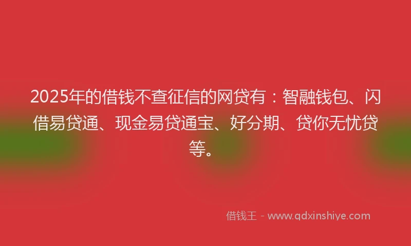 2025年的借钱不查征信的网贷有：智融钱包、闪借易贷通、现金易贷通宝、好分期、贷你无忧贷等。