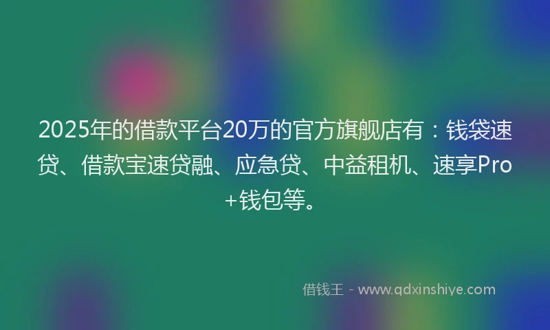 2025年的借款平台20万的官方旗舰店有：钱袋速贷、借款宝速贷融、应急贷、中益租机、速享Pro+钱包等。
