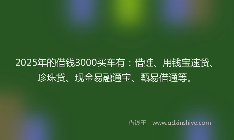2025年的借钱3000买车有：借蛙、用钱宝速贷、珍珠贷、现金易融通宝、甄易借通等。