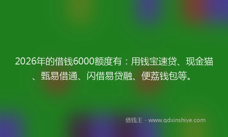 2026年的借钱6000额度有:用钱宝速贷、现金猫、甄易借通、闪借易贷融、便荔钱包等。